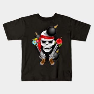 Pirate Skull, Ancient Guns, Flowers and Cannonballs Kids T-Shirt